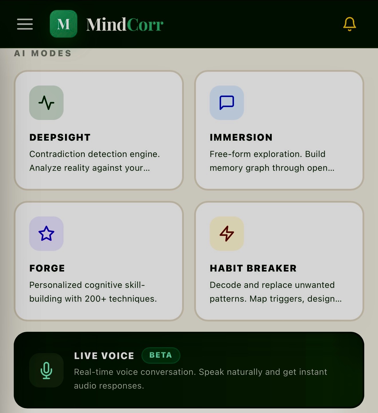 MindCorr — AI Modes: Deepsight, Immersion, Forge, Habit Breaker, Live Voice