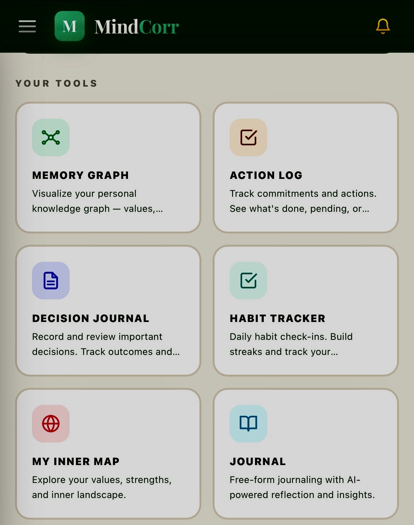 MindCorr — Your Tools: Memory Graph, Action Log, Decision Journal, Habit Tracker, Inner Map, Journal