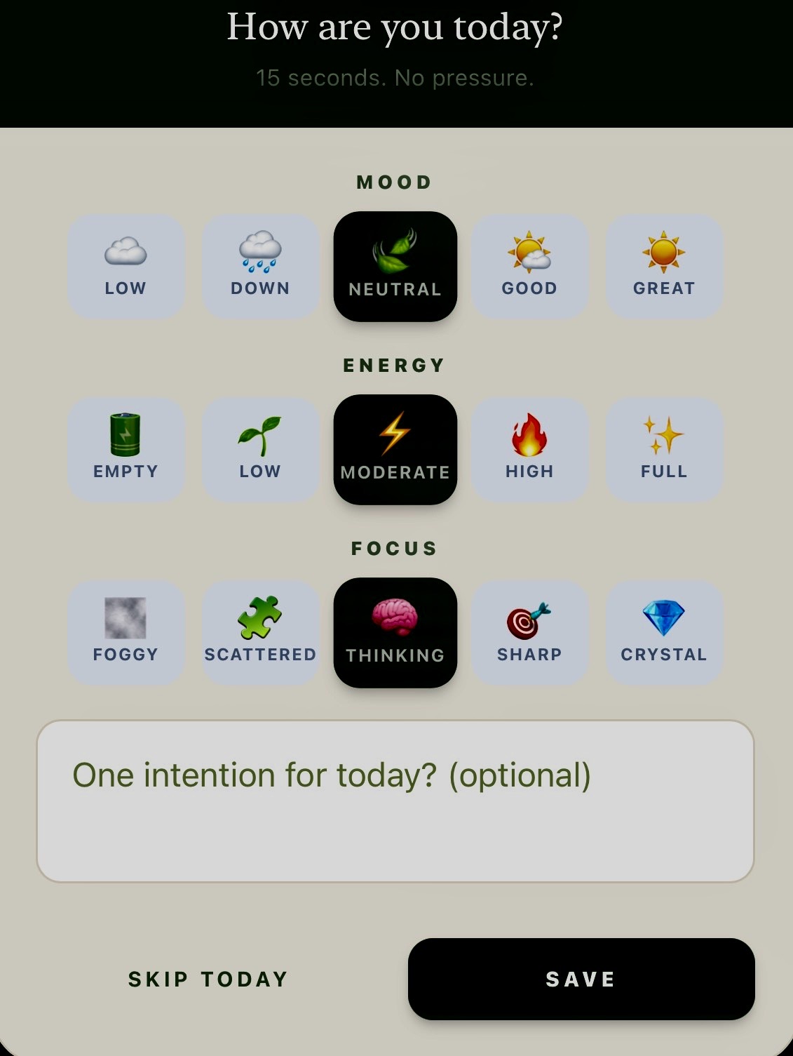 MindCorr — Daily check-in: Mood, Energy, Focus